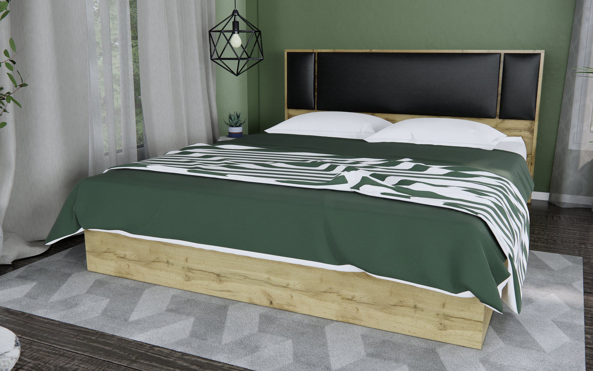 Спална Анџелина Wood за душек 160/200, даб вотан + црна кожа  1
