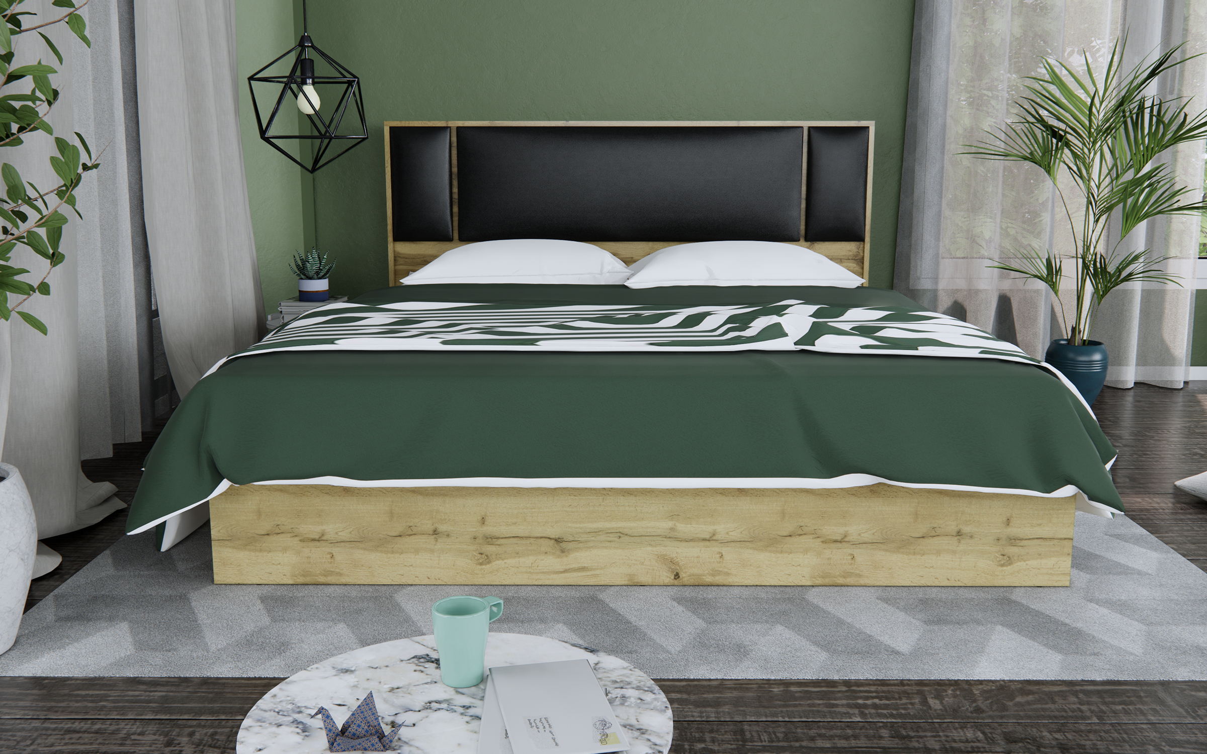 Спална Анџелина Wood за душек 160/200, даб вотан + црна кожа  2