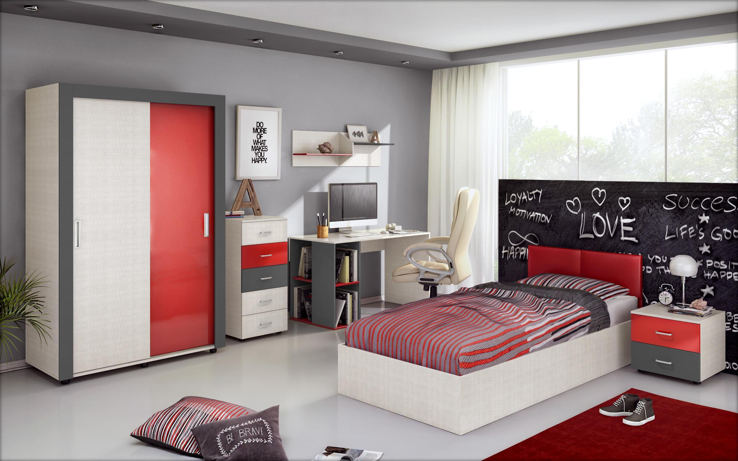 Комплет мебел за детска соба Нидо, светол периер + црвен сјај + антрацит мат  1
