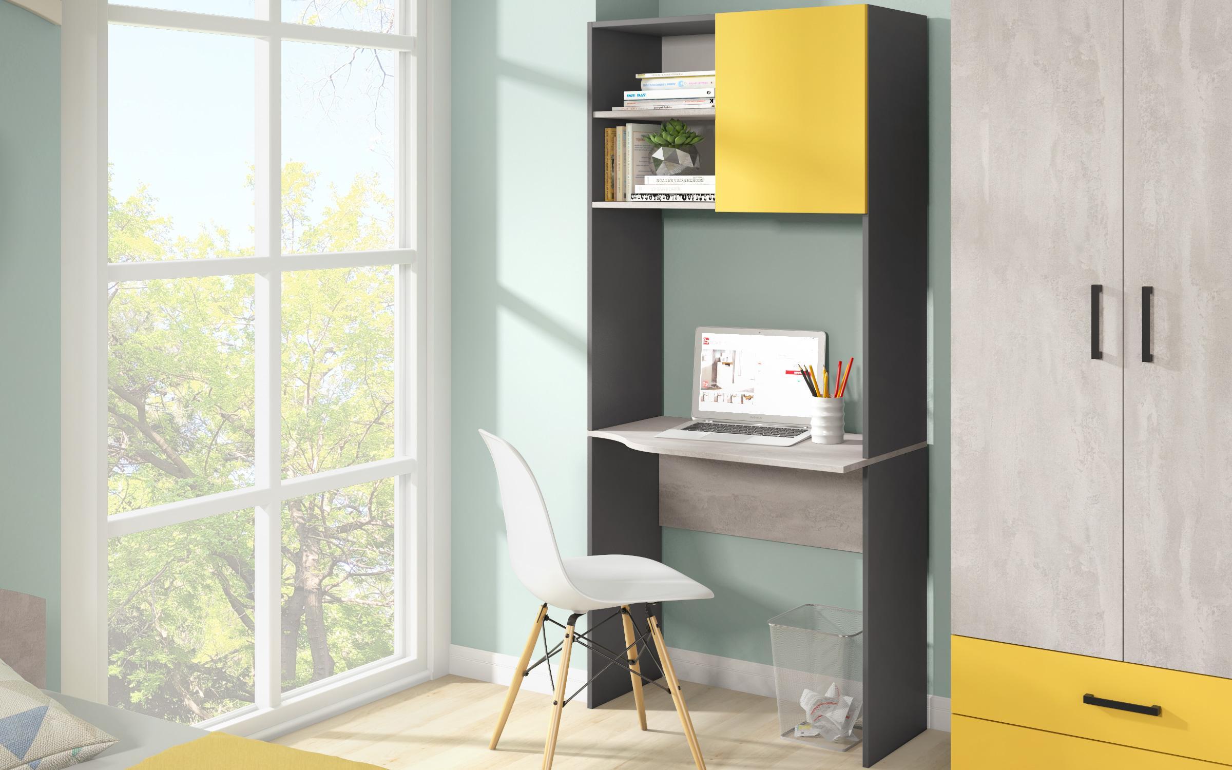 Комплет мебел за детска соба Калиана за душек 90/200, Антрацит мат + бетон + жолта  6