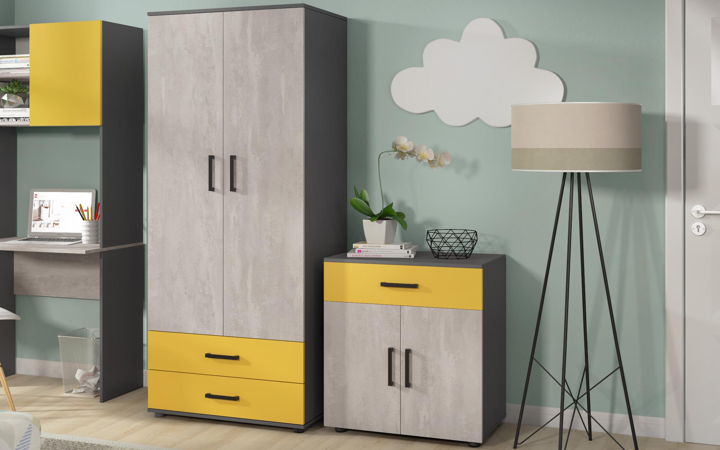 Комплет мебел за детска соба Калиана за душек 90/200, Антрацит мат + бетон + жолта  4