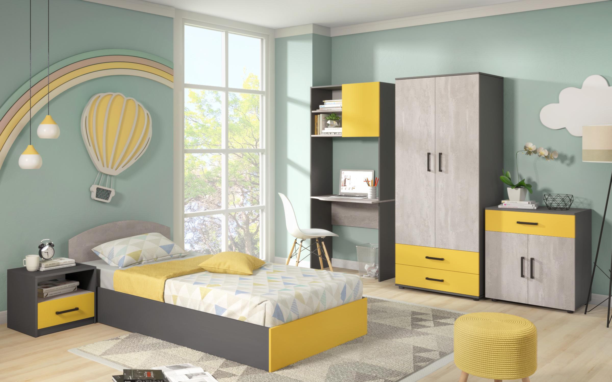 Комплет мебел за детска соба Калиана за душек 90/200, Антрацит мат + бетон + жолта  1