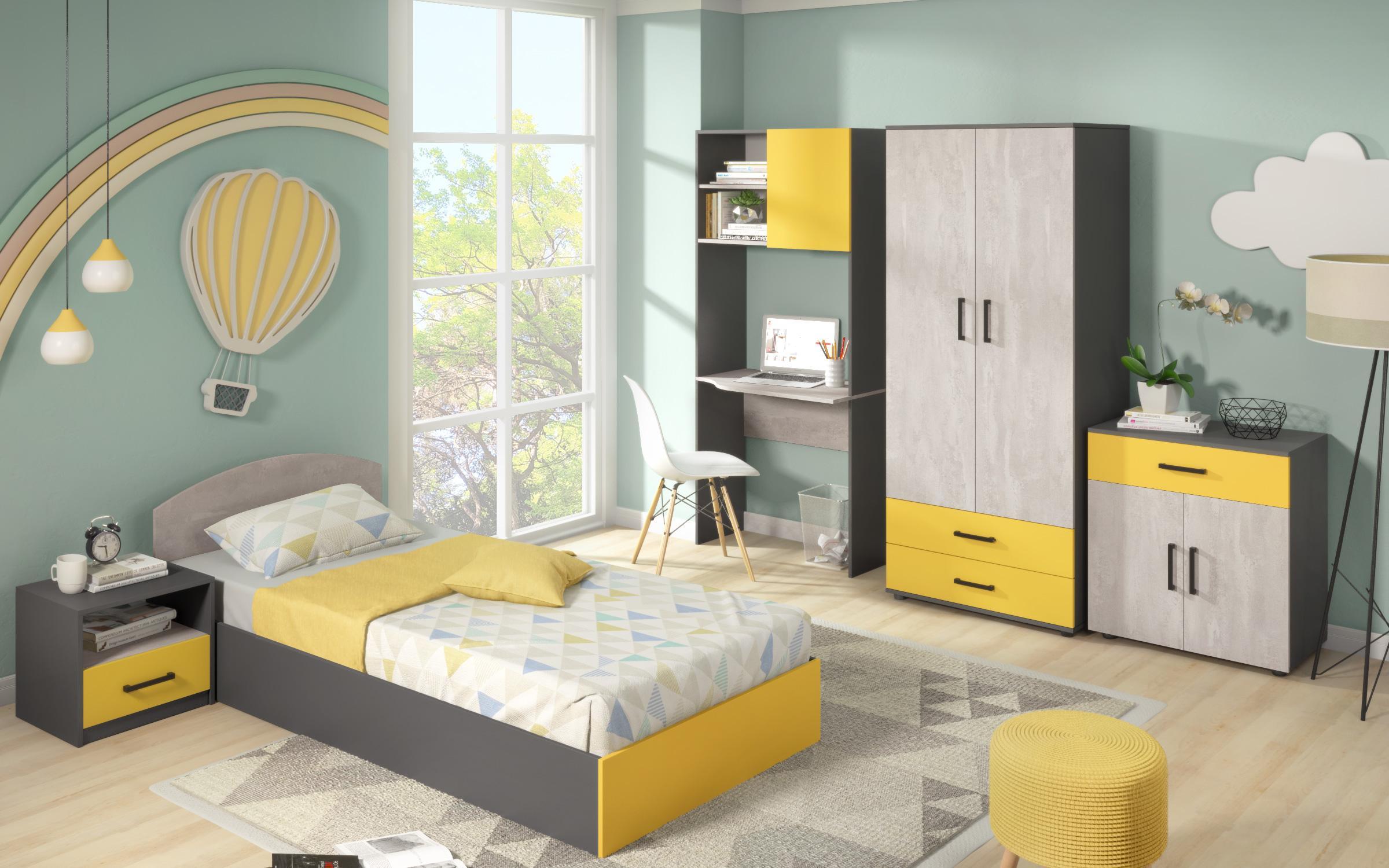 Комплет мебел за детска соба Калиана за душек 90/200, Антрацит мат + бетон + жолта  2
