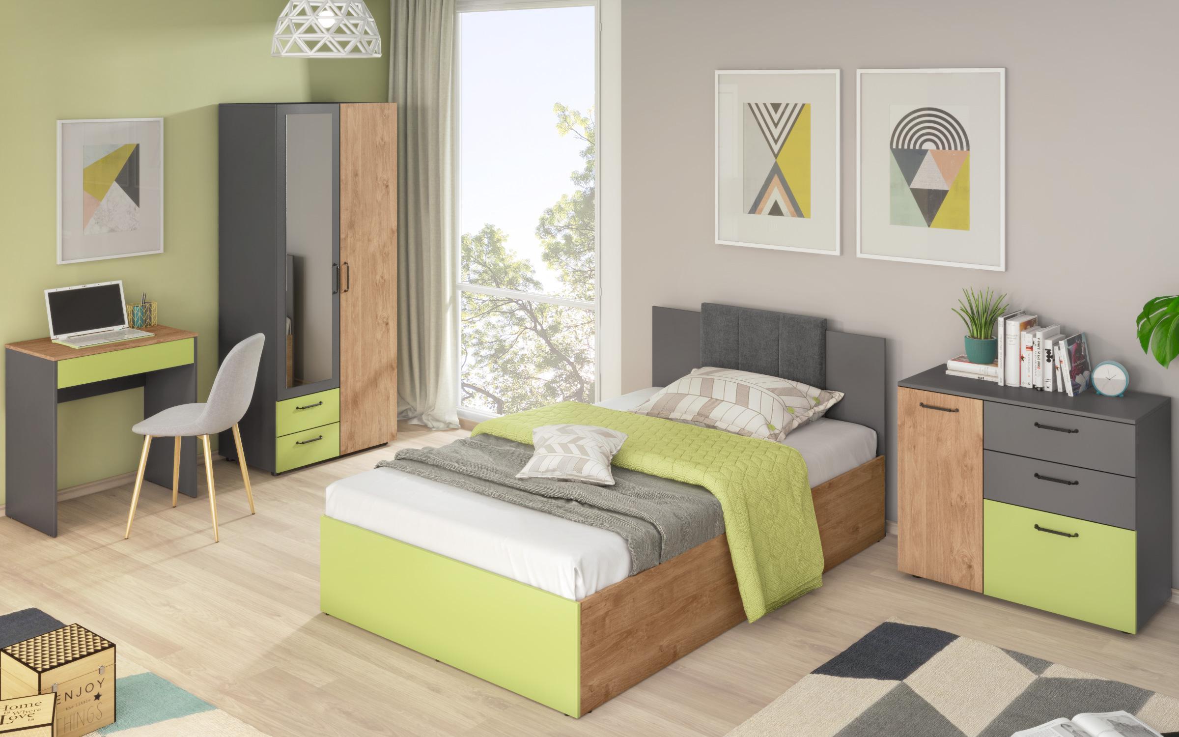 Комплет мебел за детска соба Арго + душек 120/190, зелен океан + златен даб + антрацит мат  2