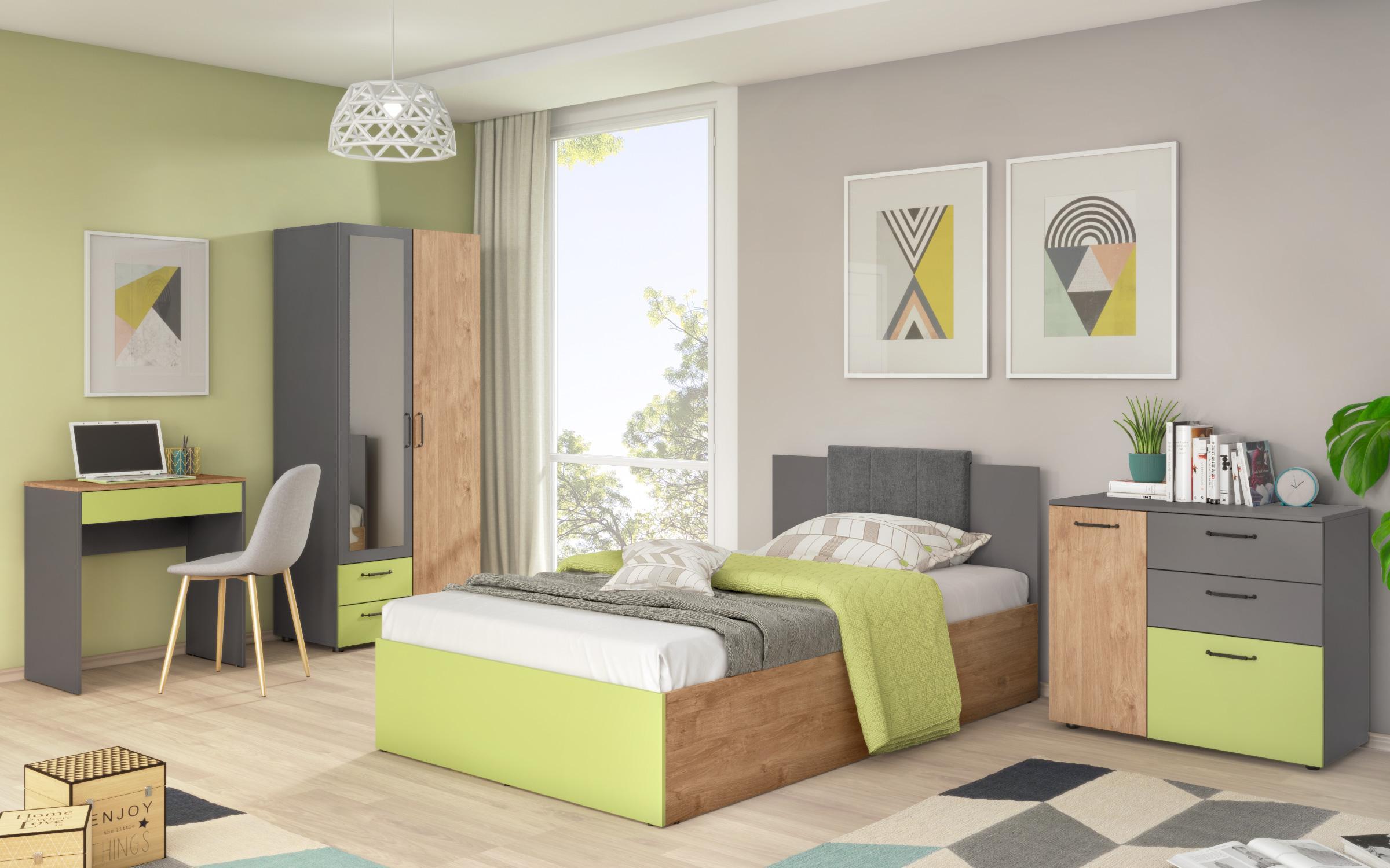 Комплет мебел за детска соба Арго + душек 120/190, зелен океан + златен даб + антрацит мат  1