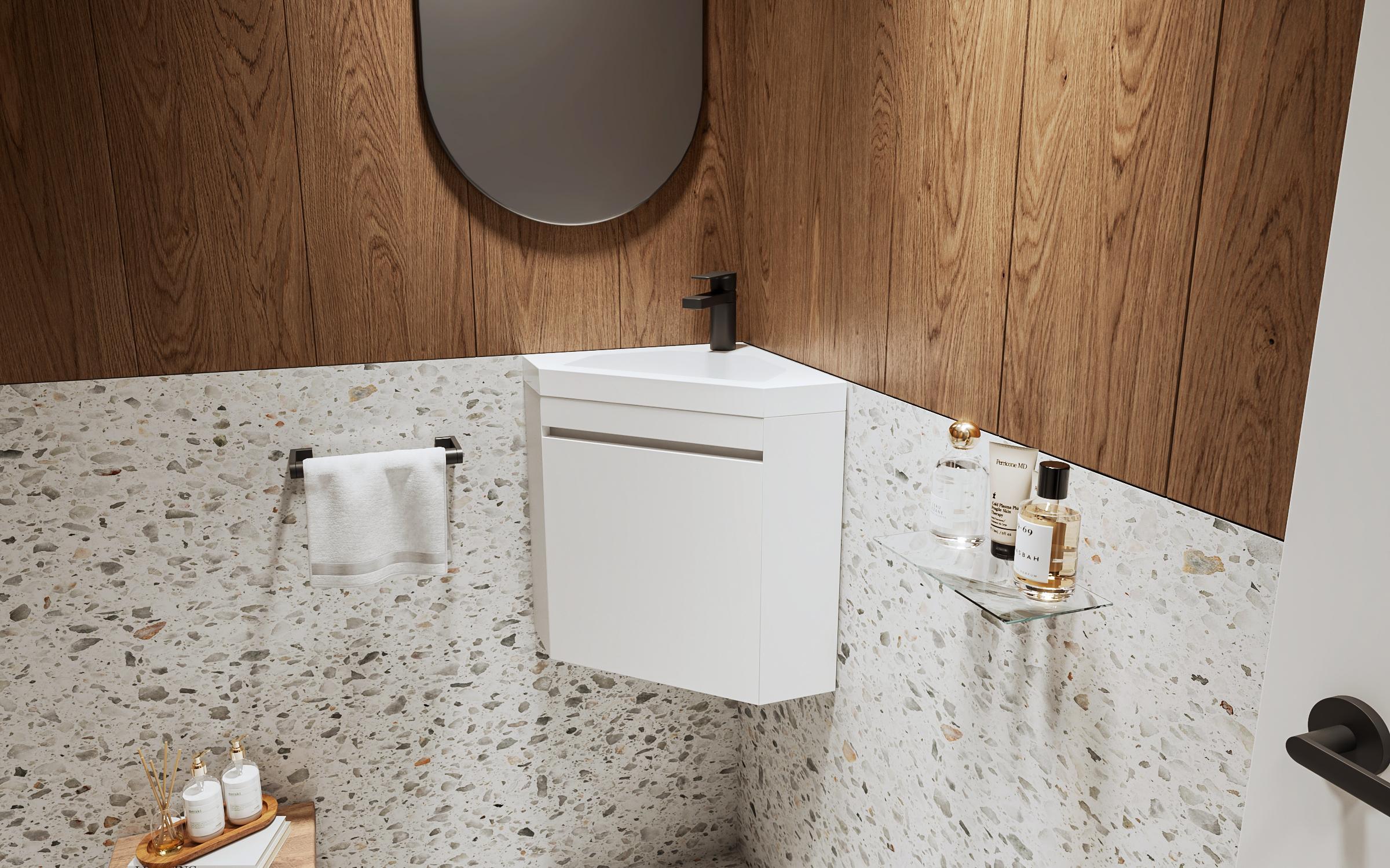 PVC аголен шкаф за бања со мијалник, бел  1