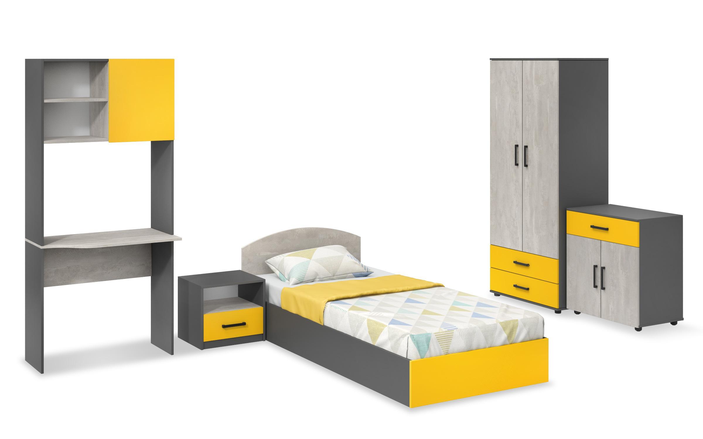 Комплет мебел за детска соба Калиана за душек 90/200, Антрацит мат + бетон + жолта  7