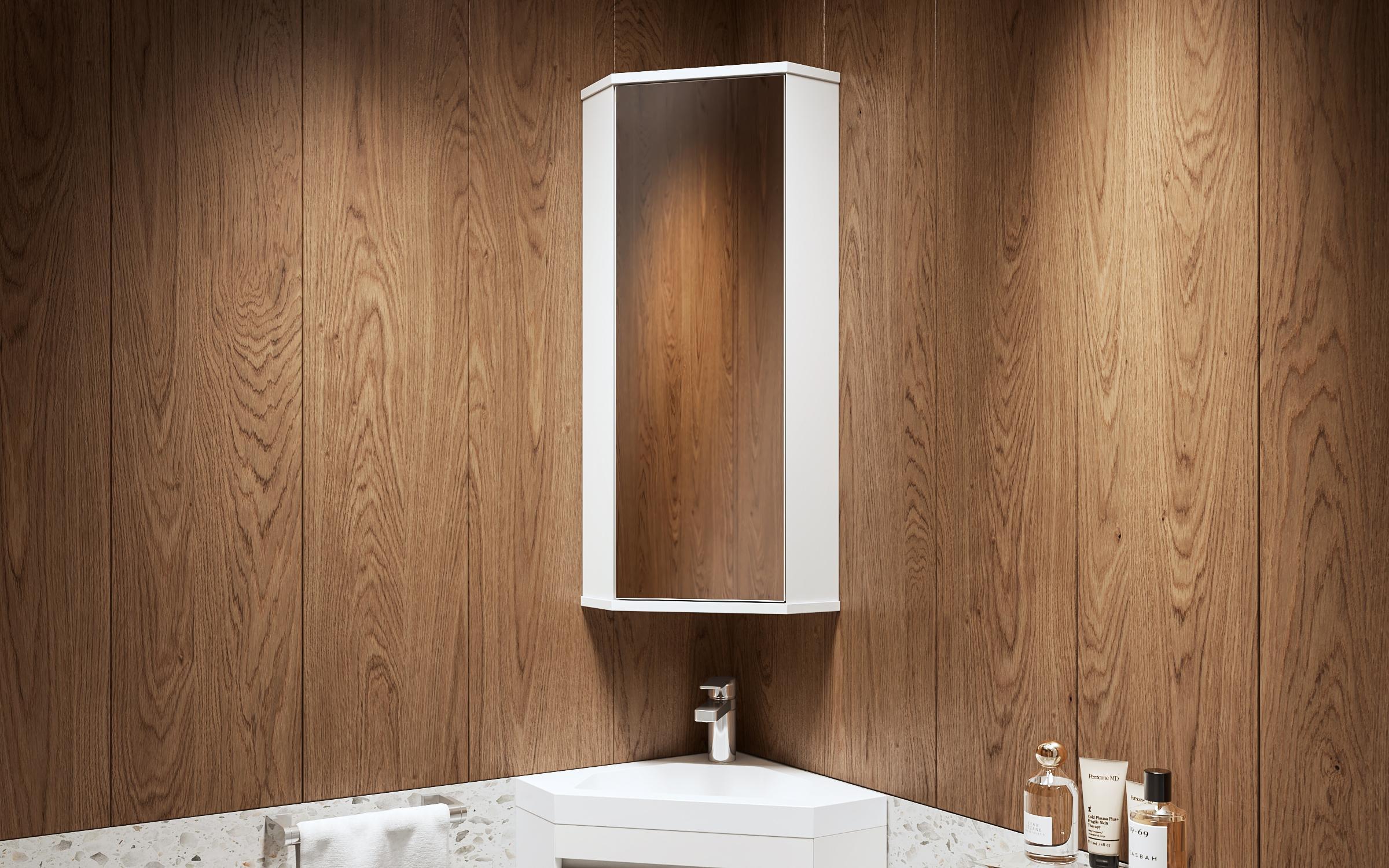 PVC аголен шкаф за бања со огледало, бел  1