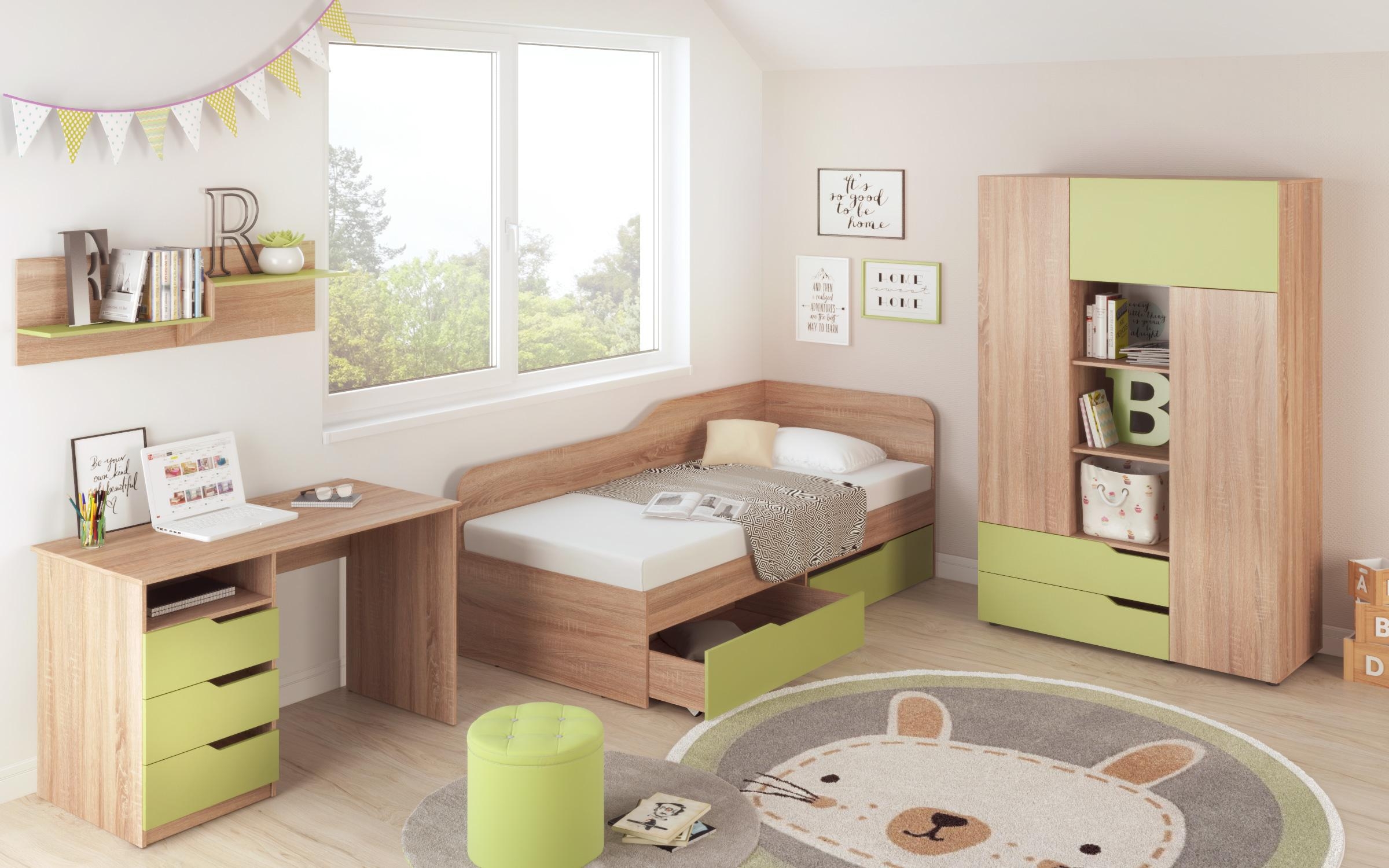 Комплет мебел за детска соба Феликс + душек 90/200, даб сонома + зелен океан  2
