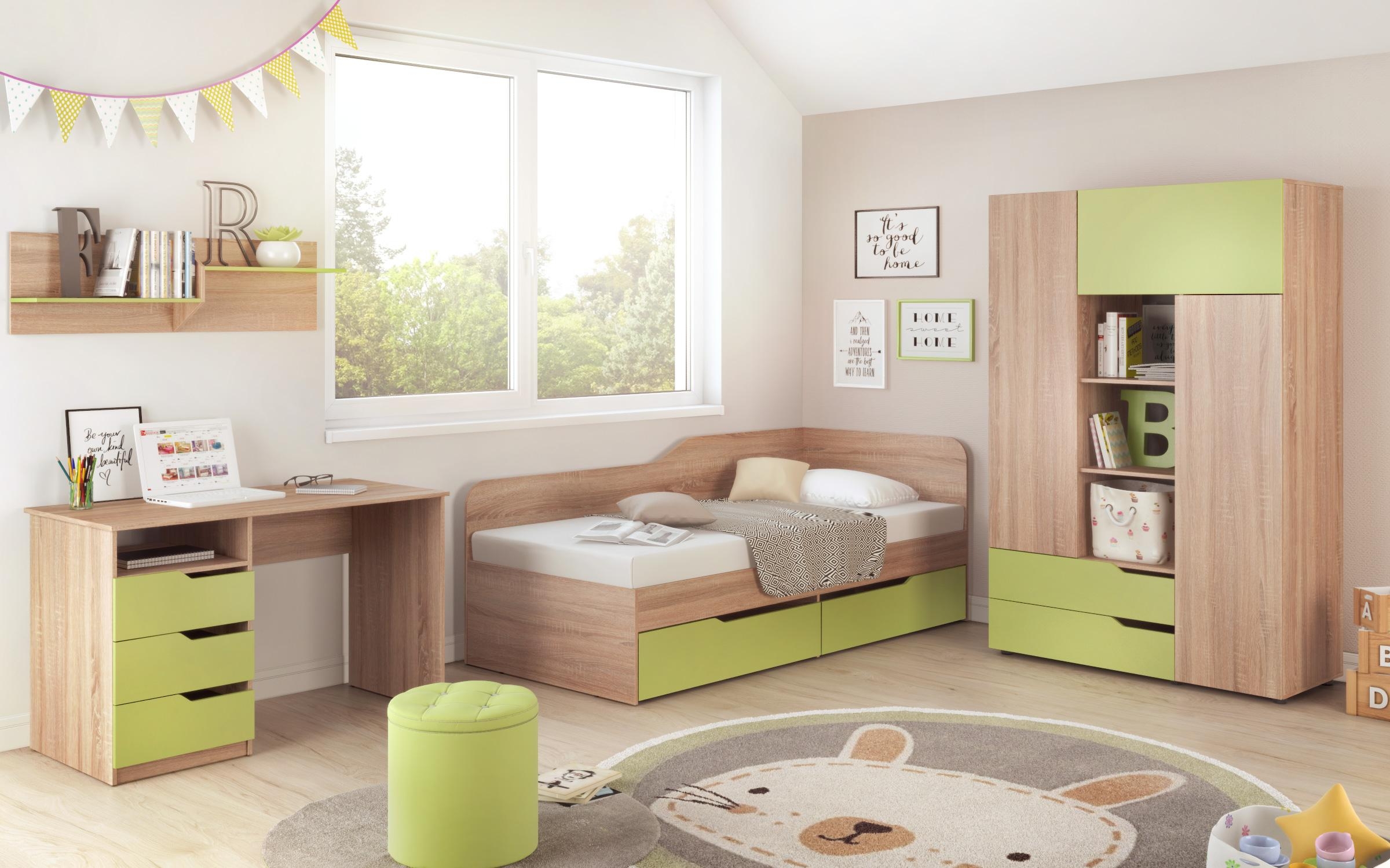 Комплет мебел за детска соба Феликс + душек 90/200, даб сонома + зелен океан  1
